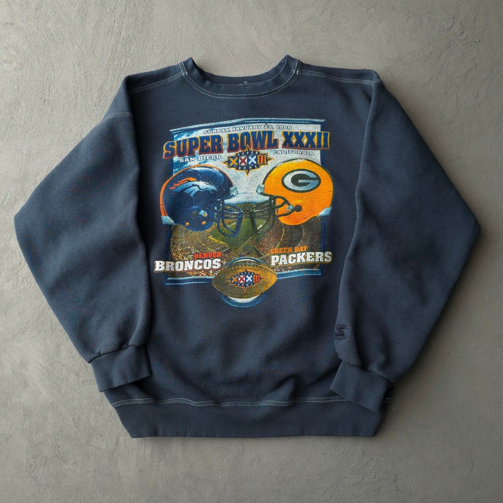 Vintage 90s Super Bowl XXXII Sweatshirt L Navy Broncos Packers Starter